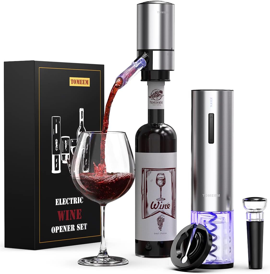 Rechargeable Electric Wine Gift Set - Aerator, Vacuum Stoppers, Foil Cutter and...