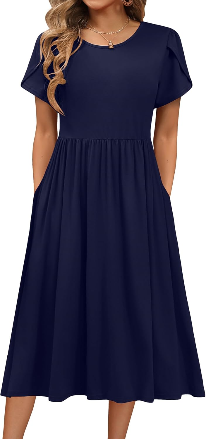 HOTOUCH Women's Summer Short Sleeve A-Line Midi Dresses Casual Floral T-Shirt Dr...