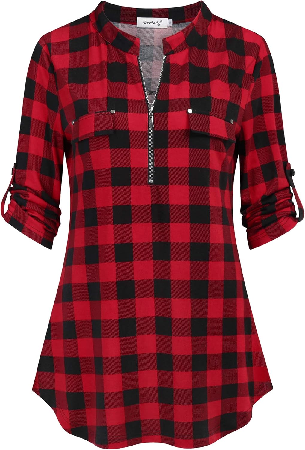 Ninedaily Women's 3/4 Sleeve Plaid Shirts Zip Floral Casual Tunic Blouse Tops La...