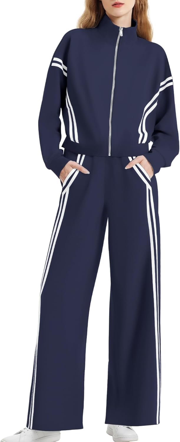 Women's 2 Piece Outfits Zip Up Sweatshirt Contrast Striped Wide Leg Sweatpants S...
