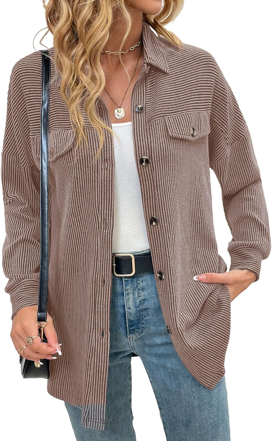 levaca Womens Ribbed Texture Button Down Shirts Casual Dressy Loose Fall Long Sl...