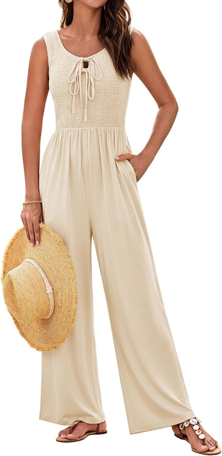 GRACE KARIN Jumpsuits for Women Bow Tie Front Overalls Smocked Tops Wide Legs Ca...