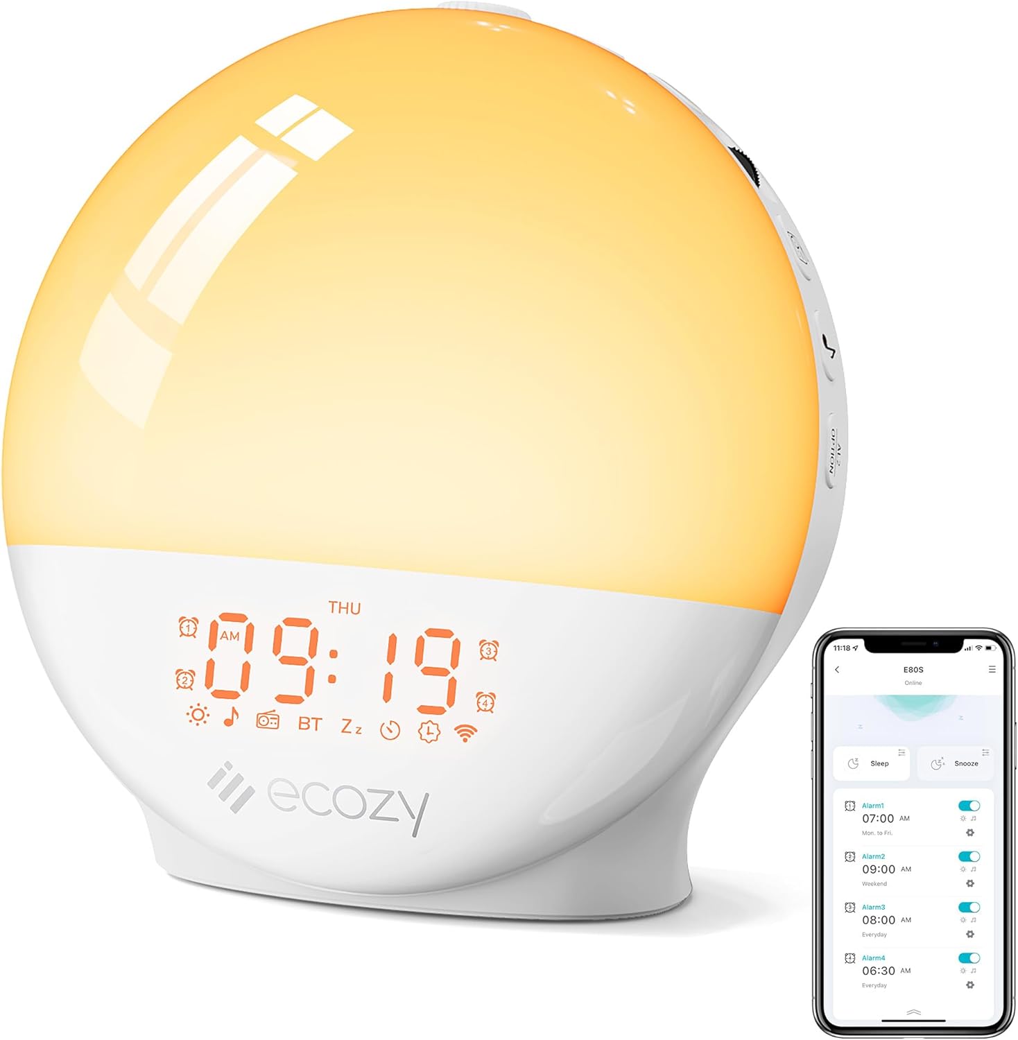 ecozy Sunrise Alarm Clock, Smart Wake Up Light with Sunrise/Sunset Simulation, A...