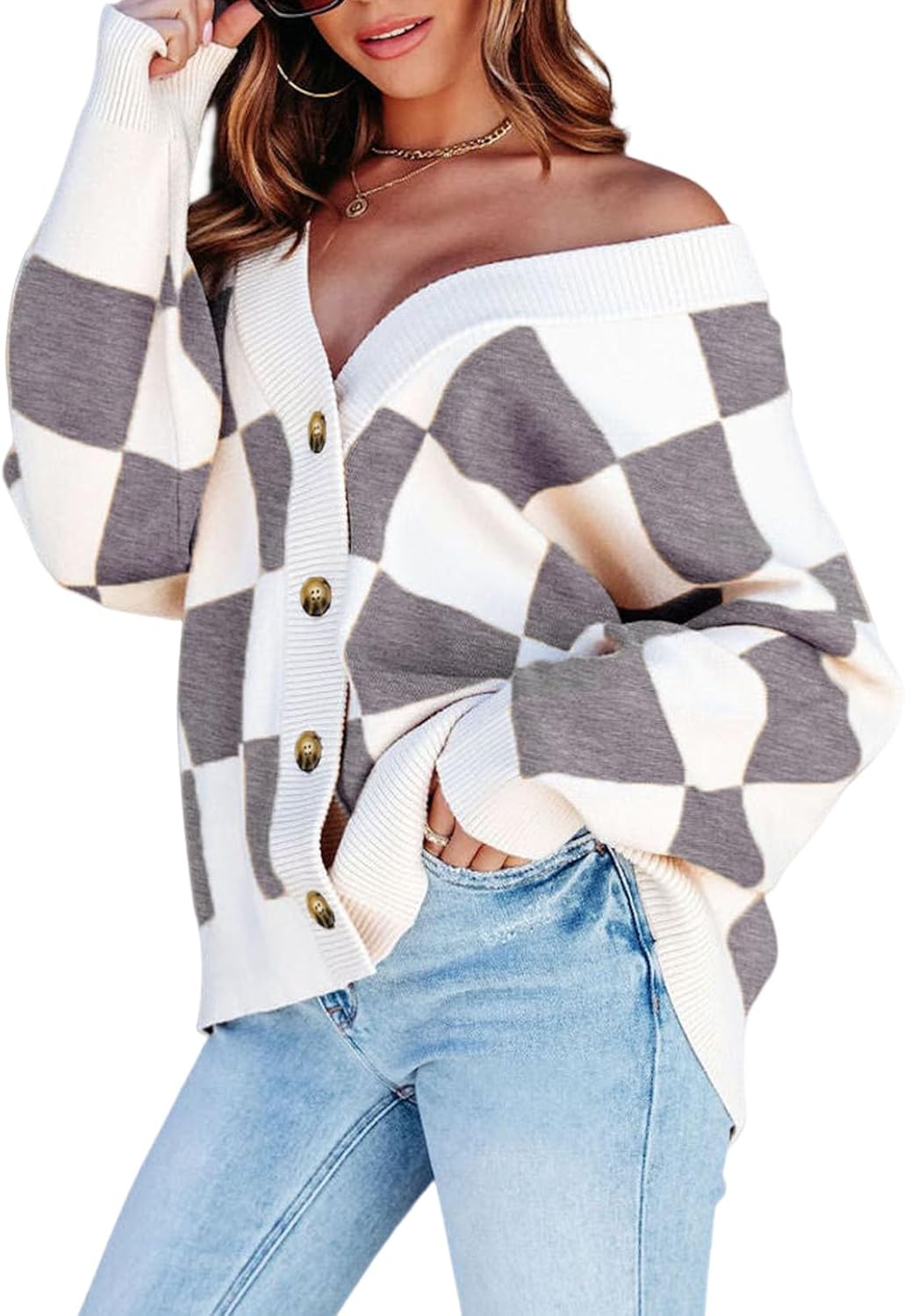 Dokotoo Womens Plaid V Neck Button Down Long Sleeve Cable Knit Oversized Cardiga...