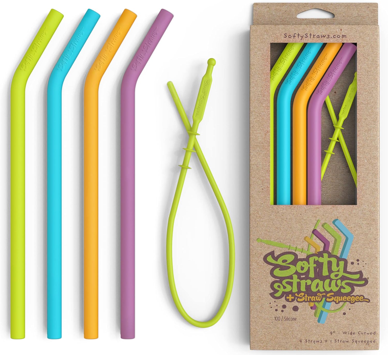 Wide Premium Reusable Silicone Drinking Straws + Patented Straw Squeegee - 9” Lo...