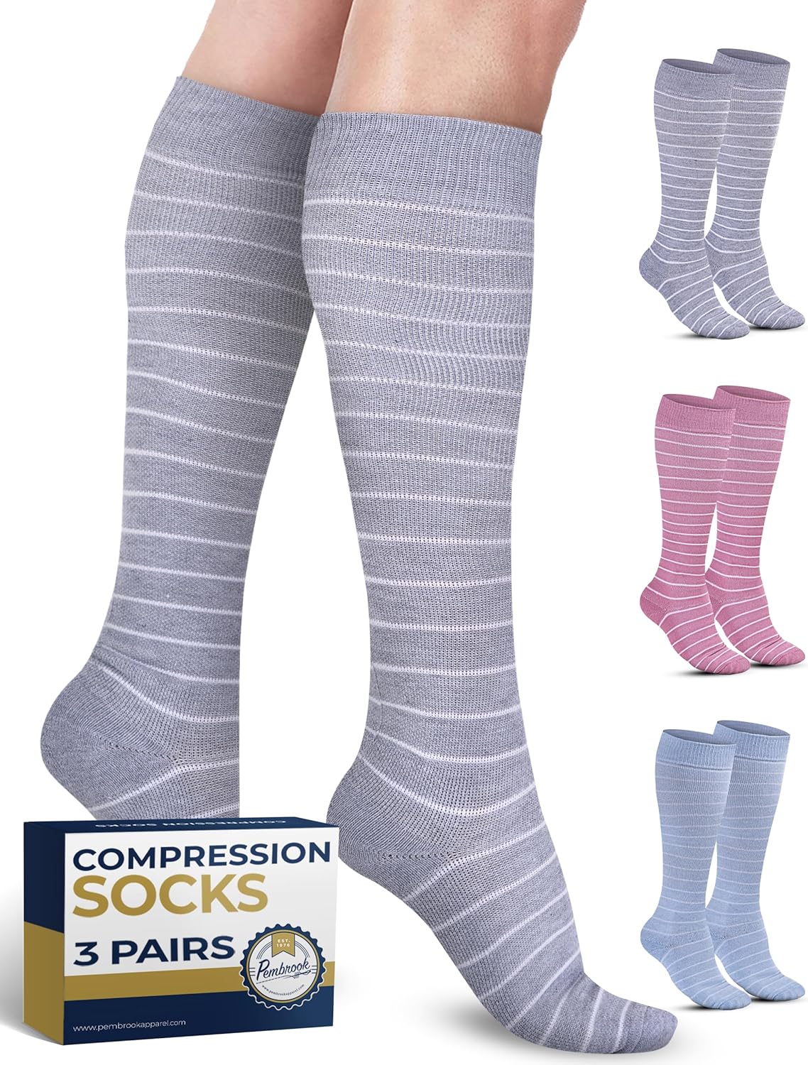 Pembrook Light Compression Socks for Women & Men - 3 Pairs | Compression Socks f...