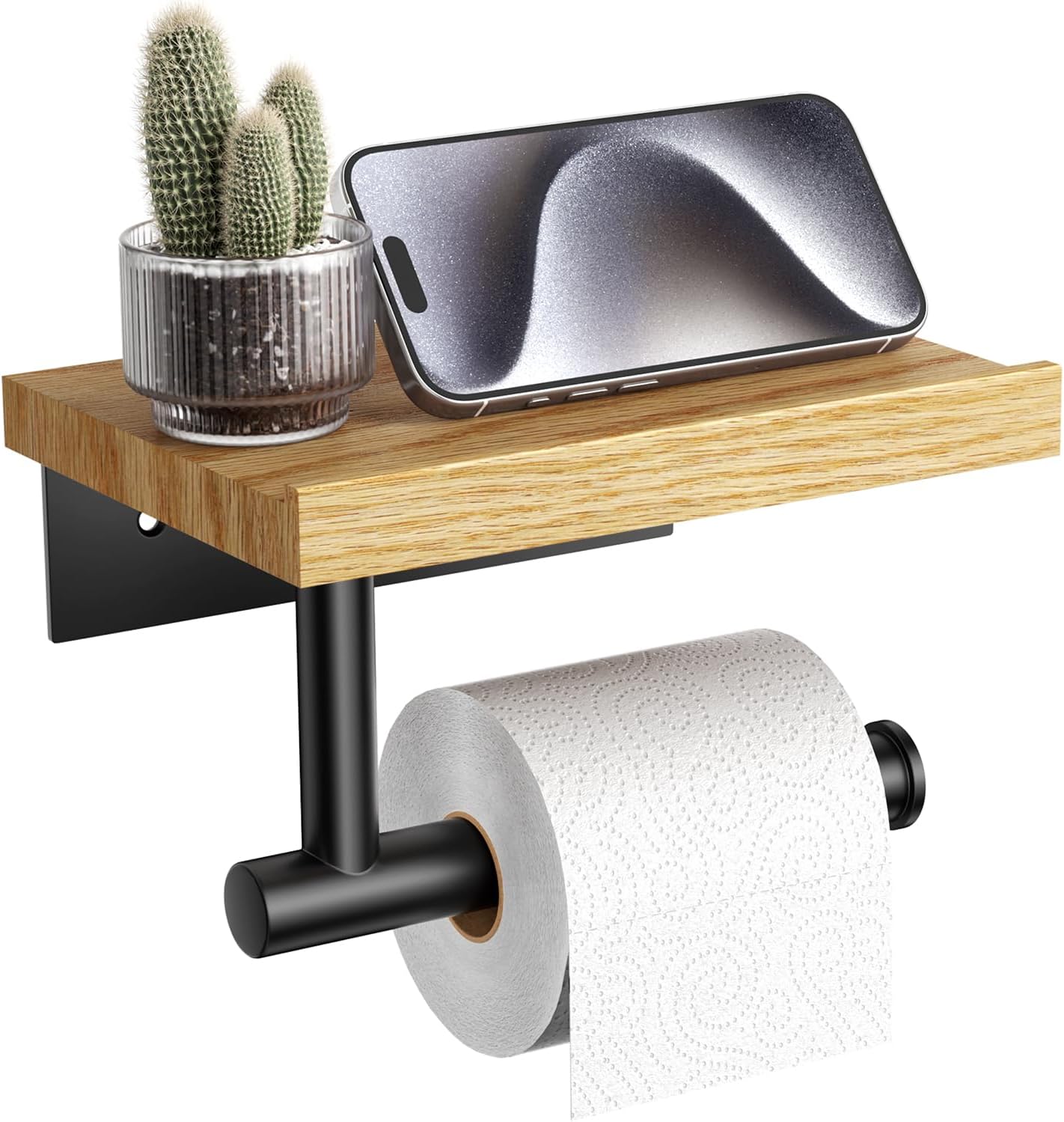 Tindbea Toilet Paper Holder with Wood Shelf, Wooden Wall Mount Tissue Roll Holde...