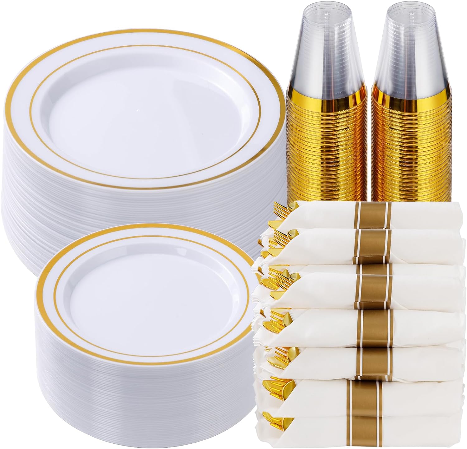 Goodluck 350 Piece Gold Plastic Dinnerware Set for 50 Guests, Fancy Disposable P...