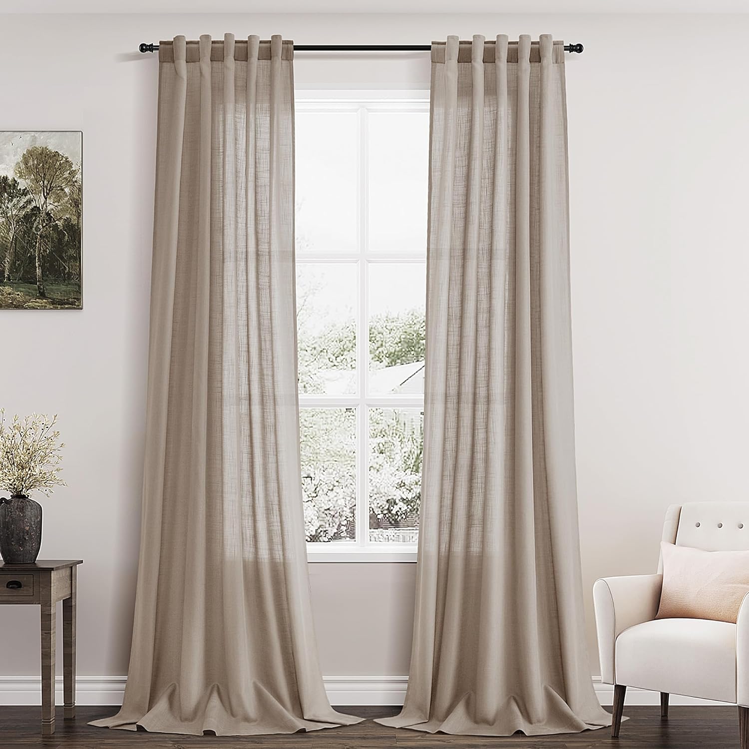 Light Taupe Linen 102 Inch Long Curtains for Living Room 2 Panels Back Tab Pocke...