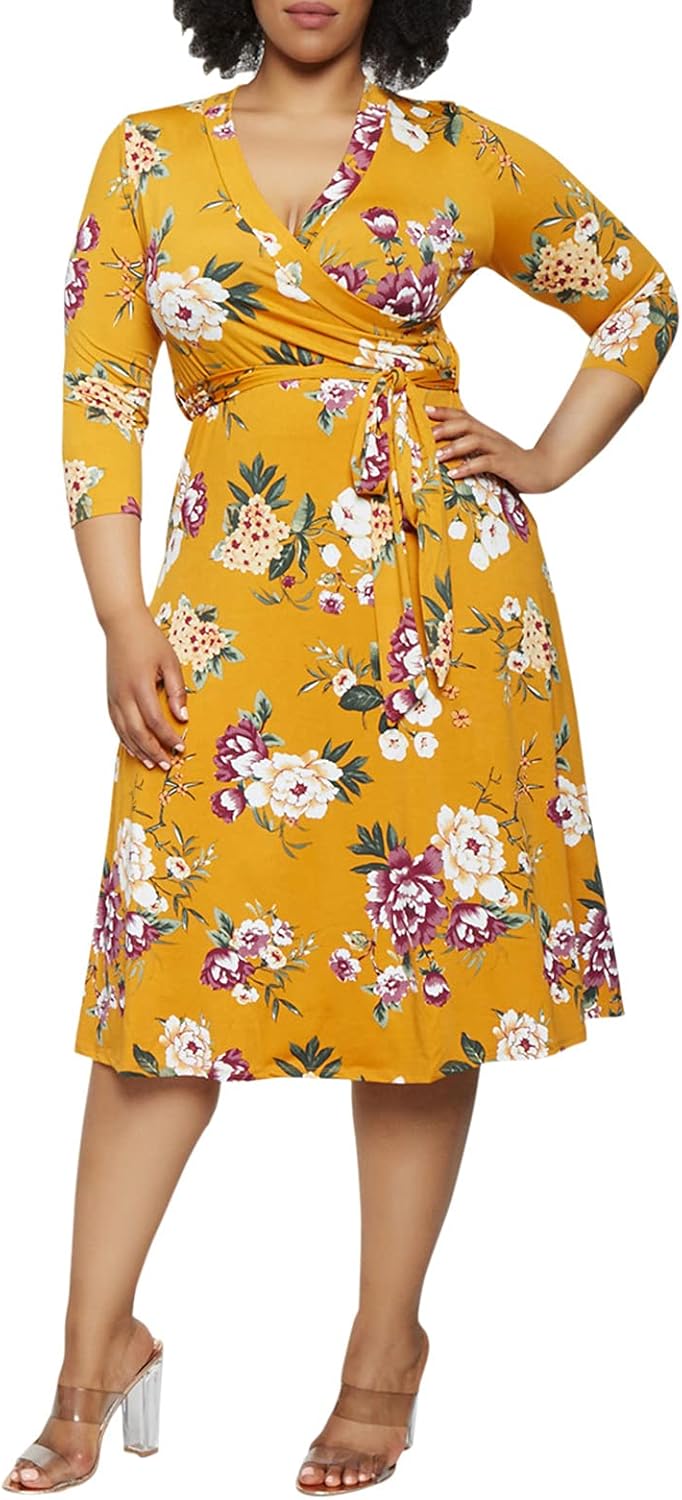 Pink Queen Womens Plus Size Dresses Casual Floral 3/4 Sleeve Wrap Dress Boho Par...