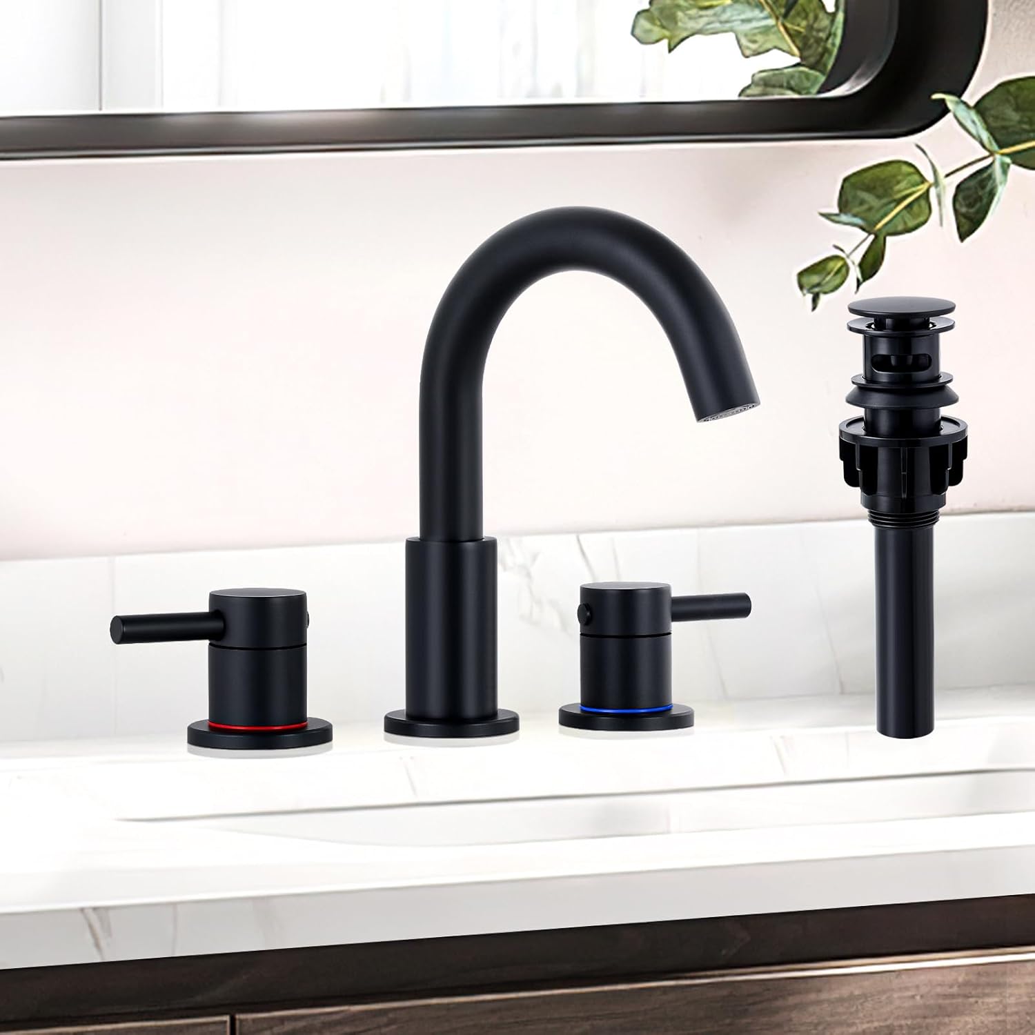 KZH Matte Black Bathroom Faucet 3 Hole, 8 inch Widespread Bathroom Faucet with P...