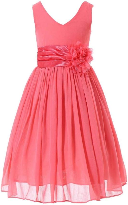 Bow Dream Junior Bridesmaids V-Neckline Chiffon Flower Girl Dress 14 Coral