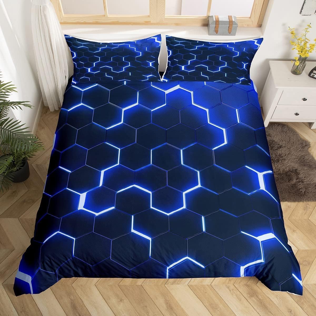 Homewish Honeycomb Comforter Cover Neon Light Geometric Bedding Set Double For K...