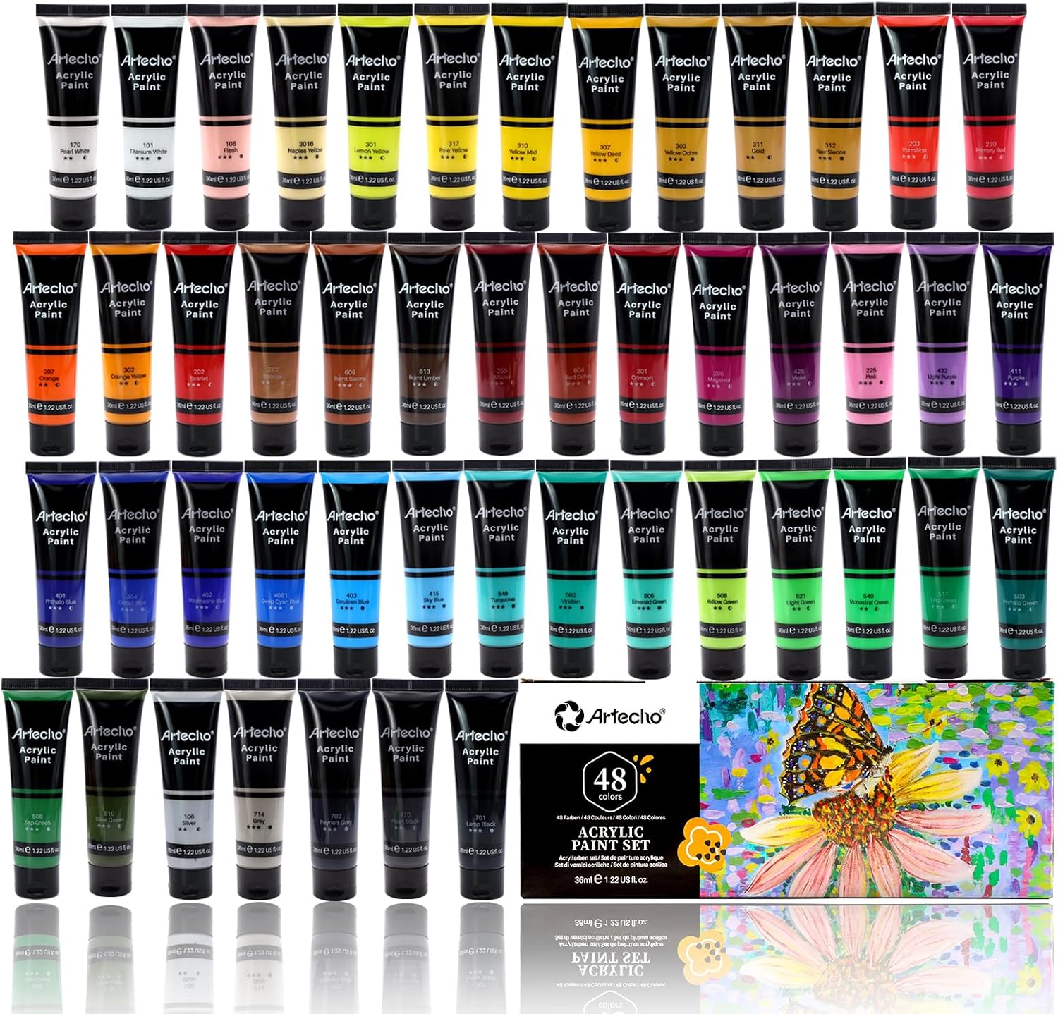 Artecho Acrylic Paint Set for Art, 48 Colors 36ml Basic Acrylic Paint Supplies f...