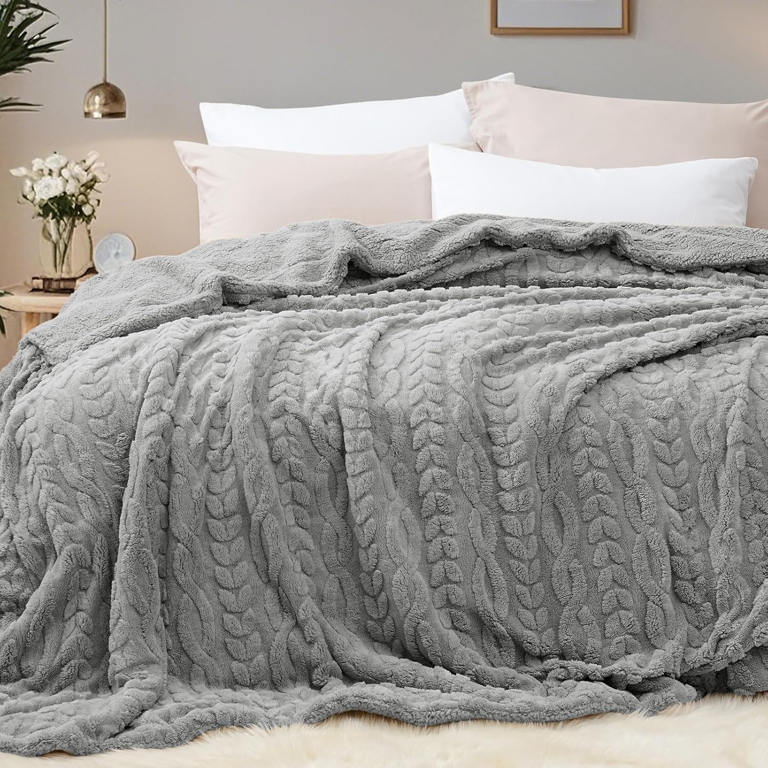 PHF Fluffy Sherpa Blanket King Size for Winter, Warm and Soft, 510GSM 3D Jacquar...