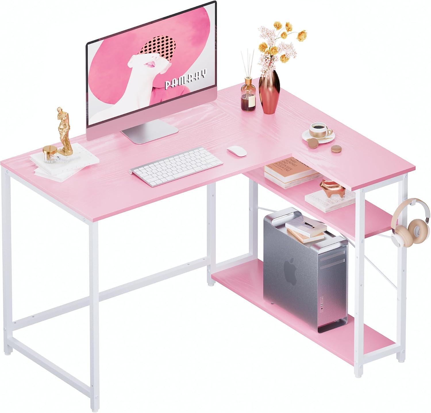 Pamray 43 Inch L Shaped Computer Desk with Reversible Side Storage Shelves, Smal...