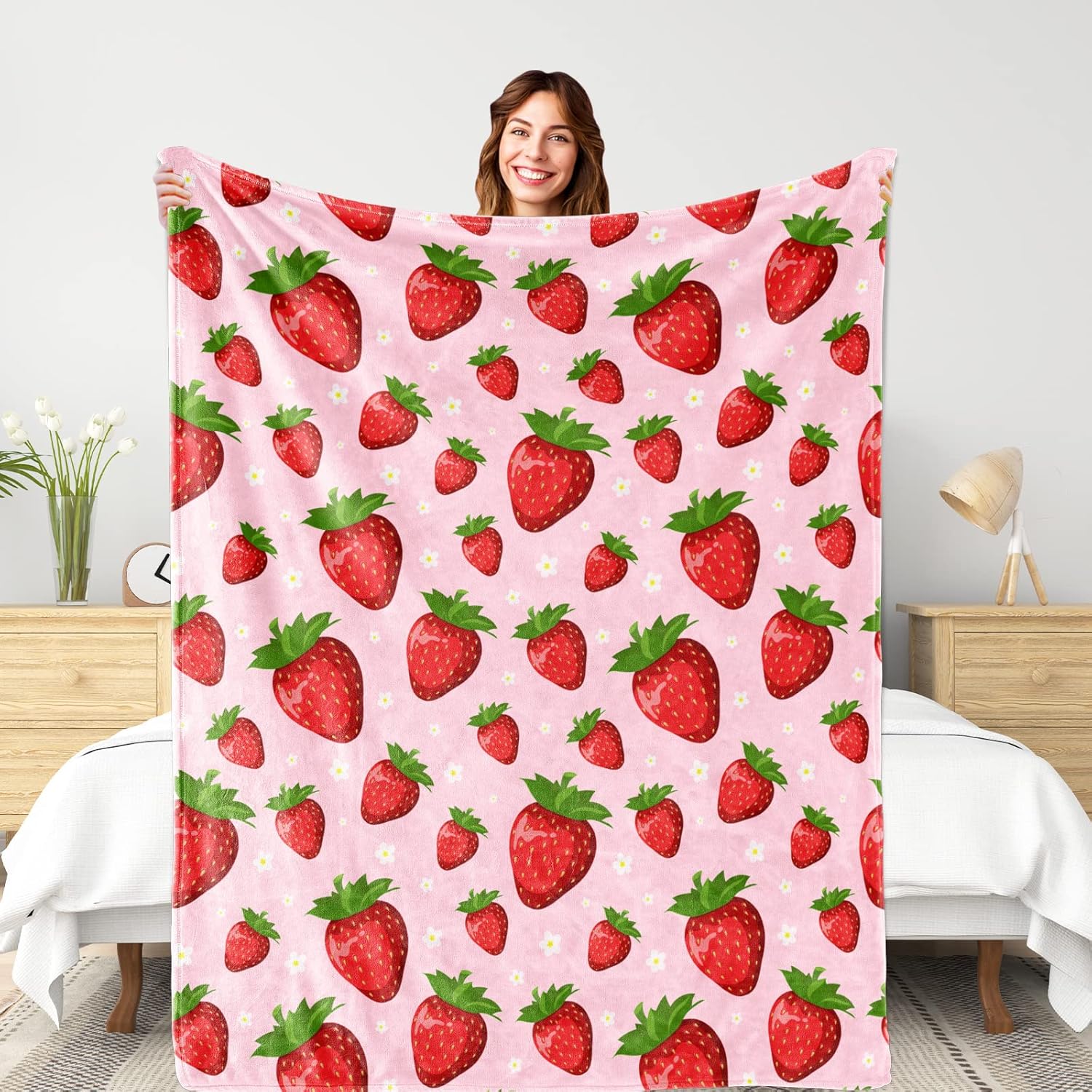 Pink Strawberry Blanket for Kids Girls, Soft Lightweight Strawberry Throw Blanke...