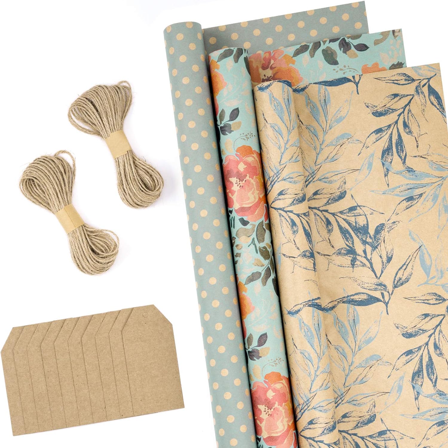 RUSPEPA Spring Wrapping Paper Rolls with Tags, Jute String - Total of 3 Rolls -...