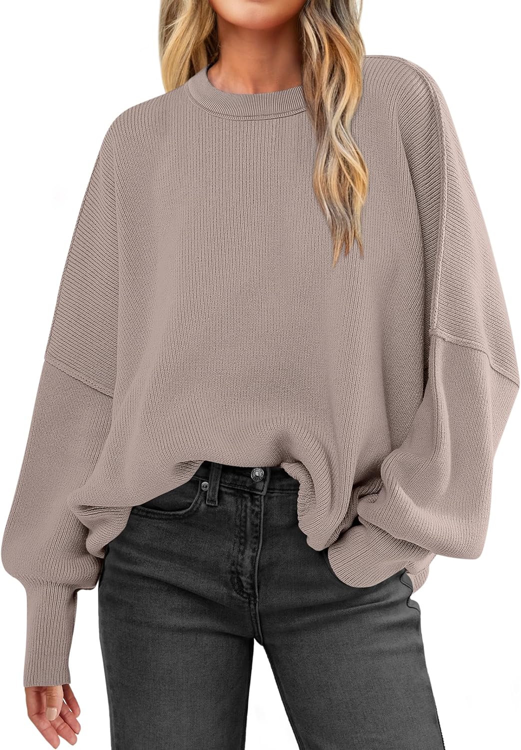 LOGENE Women's Oversized Batwing Long Sleeve Crewneck Side Slit Ribbed Knit Pull...