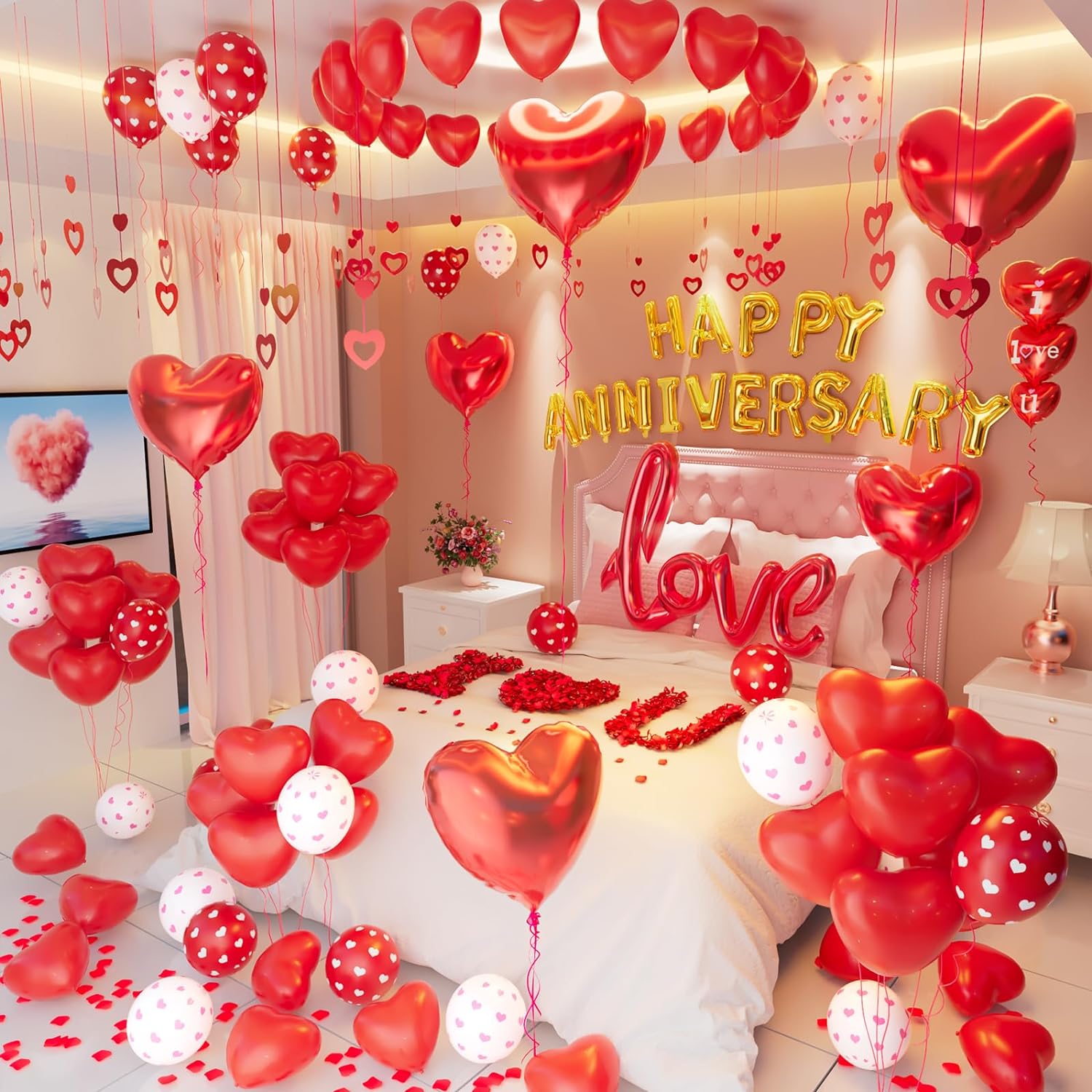 Anniversary Decorations Valentines Day Balloons Arch with Happy Anniversary Bann...
