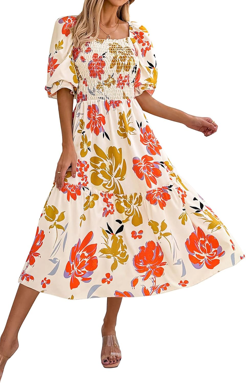 PRETTYGARDEN Women's Summer Casual Midi Dress Spring Puff Sleeve Square Neck A-l...