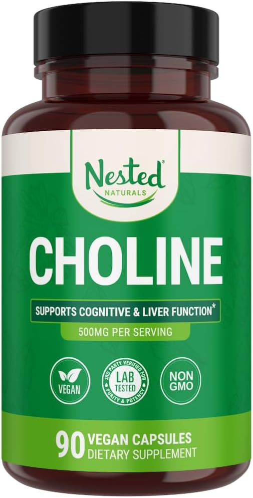 Nested Naturals Choline Bitartrate 500mg - High Potency Choline Supplements - Su...