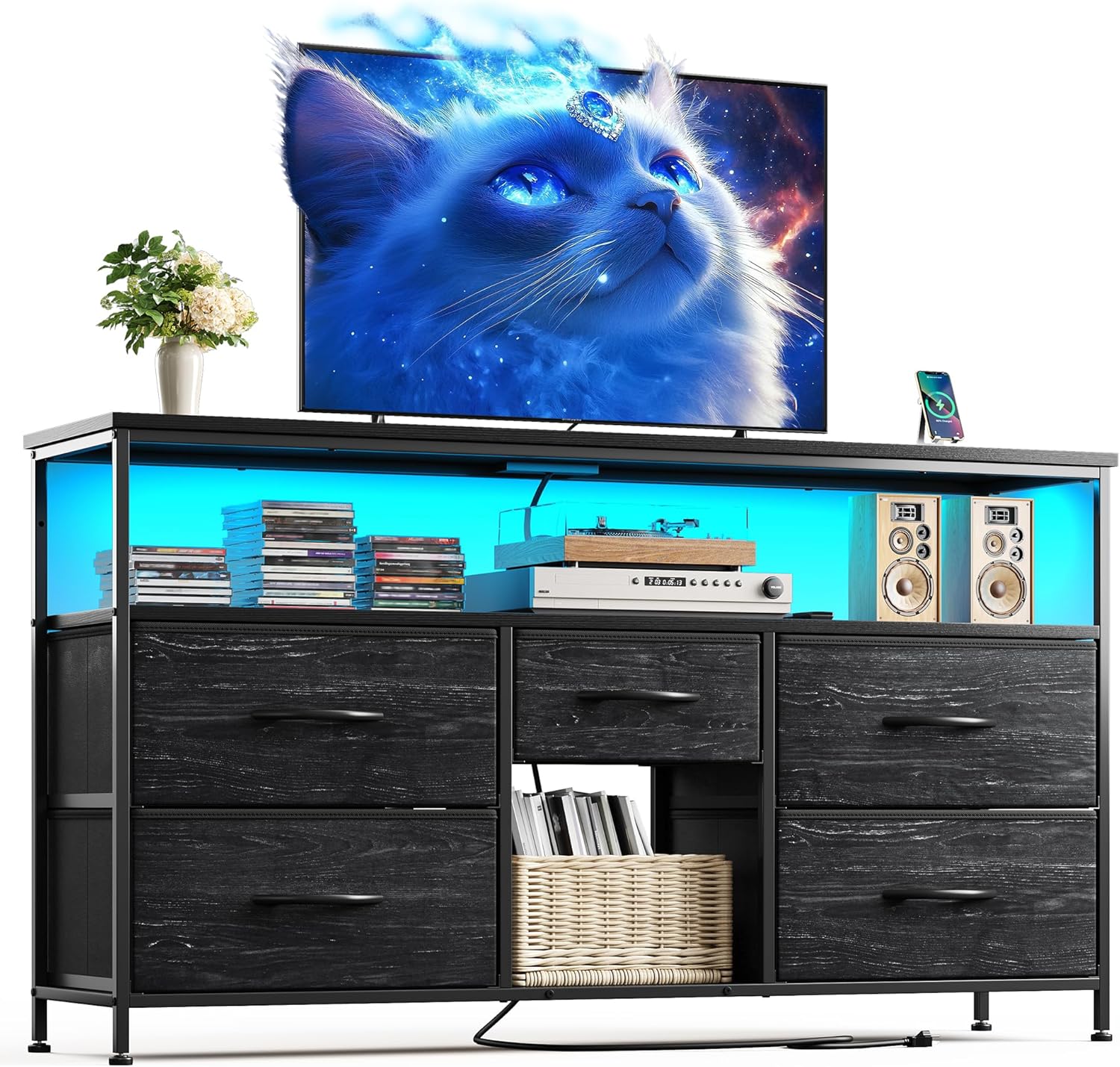 EnHomee TV Stand Dresser with 5 Drawers for 50" TV Stand for Bedroom with LED Li...