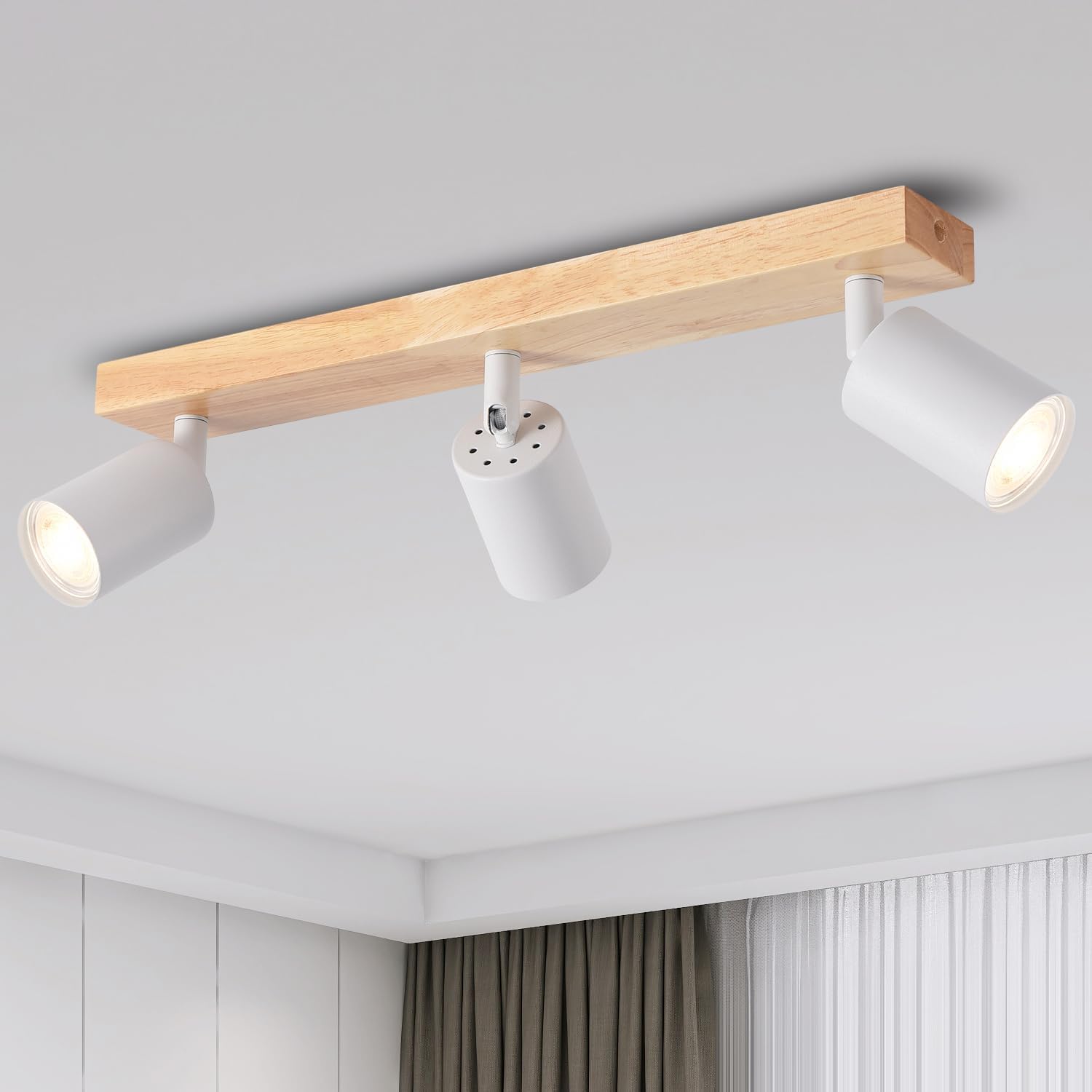 ANWIO 3 White Spot Ceiling Lights,Wood Bedroom Kitchen Lights Ceiling,GU10 Indus...