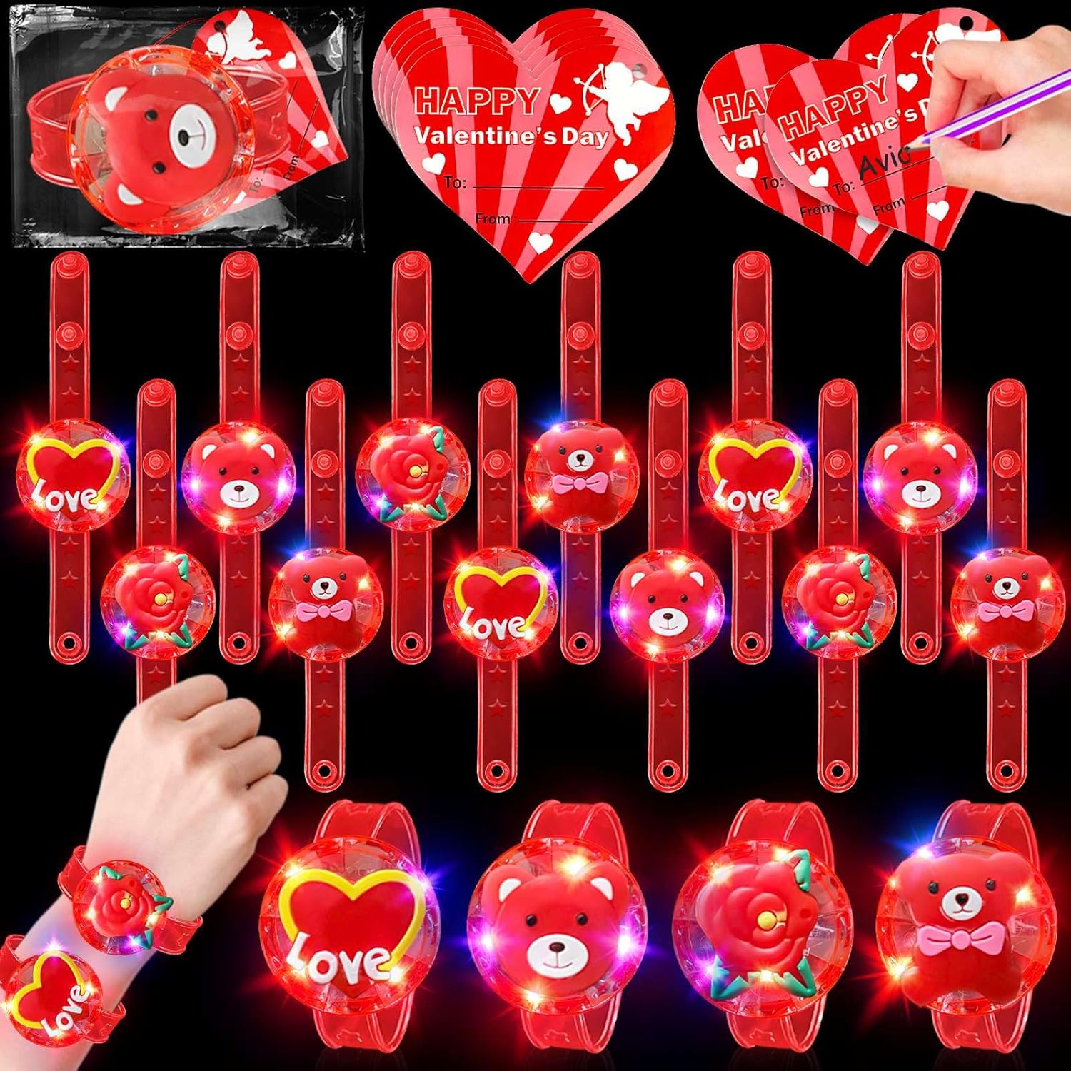 AMENON 24 Pack Valentines LED Bracelets Valentine Gifts Toys Party Favor for Kid...