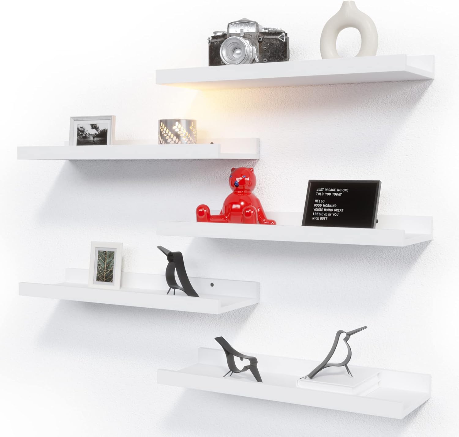 RICHER HOUSE 5 Set White Floating Shelves, Wall Mounted Shelves for Wall Decor,...