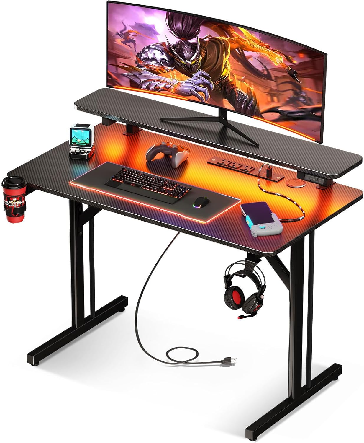 MOTPK 31 Inch Small Gaming Desk with LED Lights & Power Outlets, Computer Desk G...