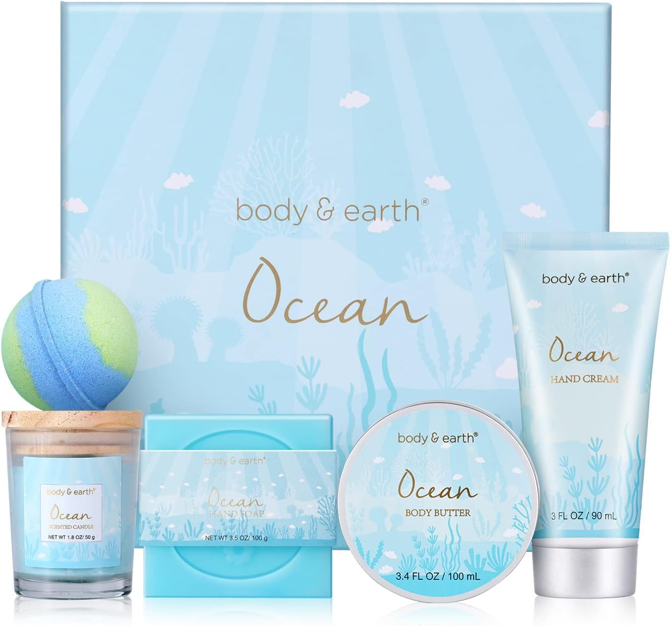 BODY & EARTH Pamper Gifts for Women, 5 Pcs Ocean Bath Spa Gift Set Includes Scen...