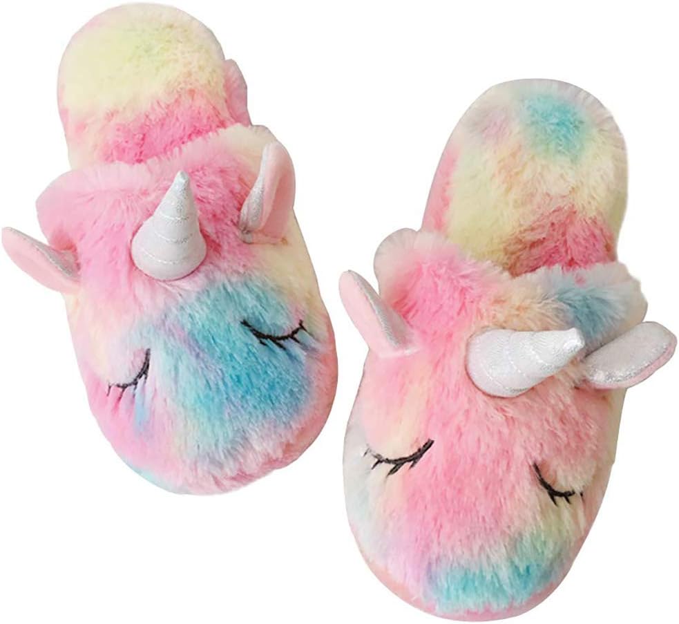 techcity Rainbow Unicorn Slippers/Cute Fluffy Girls Slippers/Cozy Plush Indoor O...