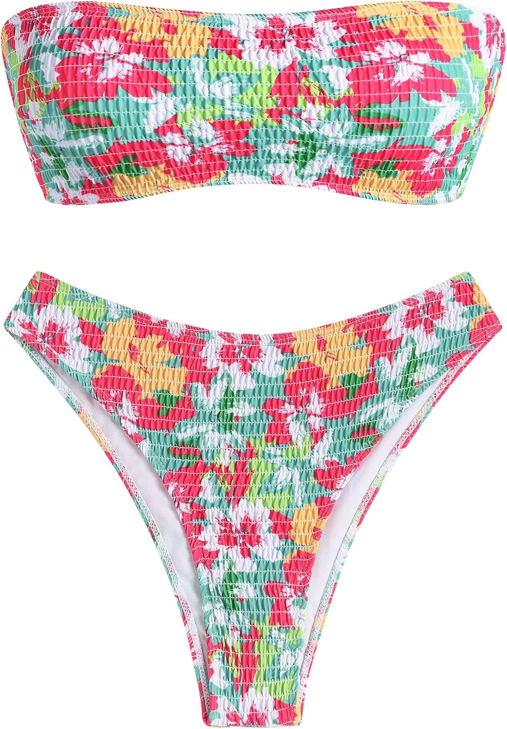 ZAFUL Women Strapless Bikini Set Lace Up Ribbed High Cut Bandeau 2 Piece Swimsui...