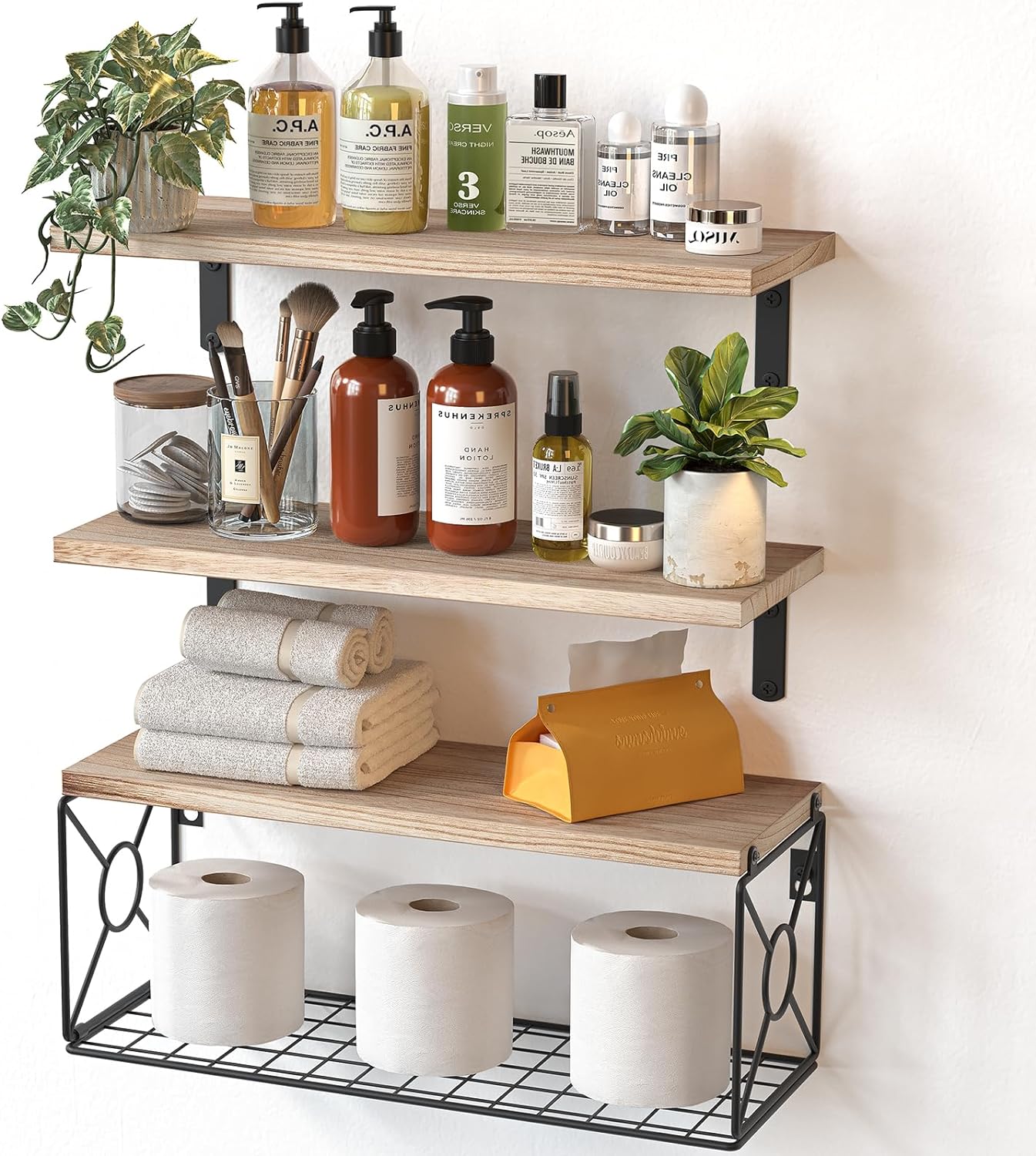Amada Bathroom Shelves Over Toilet with Storage Basket, Floating Shelves Wall Sh...
