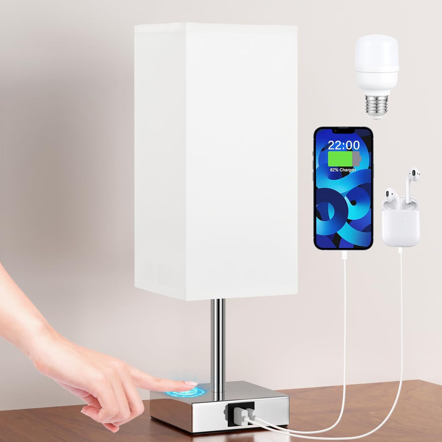 Aooshine Bedside Lamp, Touch Control Table Lamp with USB A+C Charging Ports, Tou...