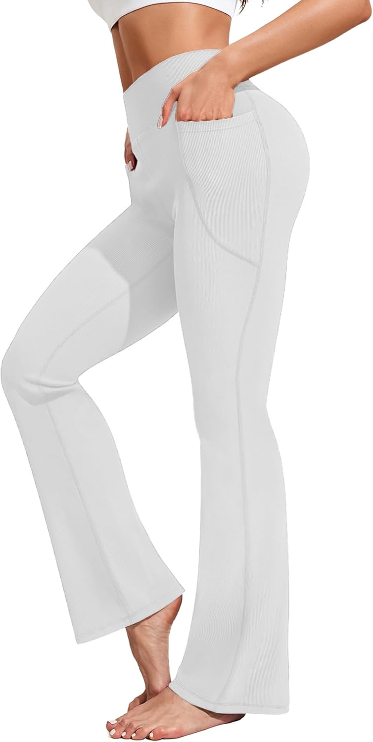 PINSPARK Womens Flare Yoga Pants Ribbed Bootcut Leggings High Waisted Flares Bot...