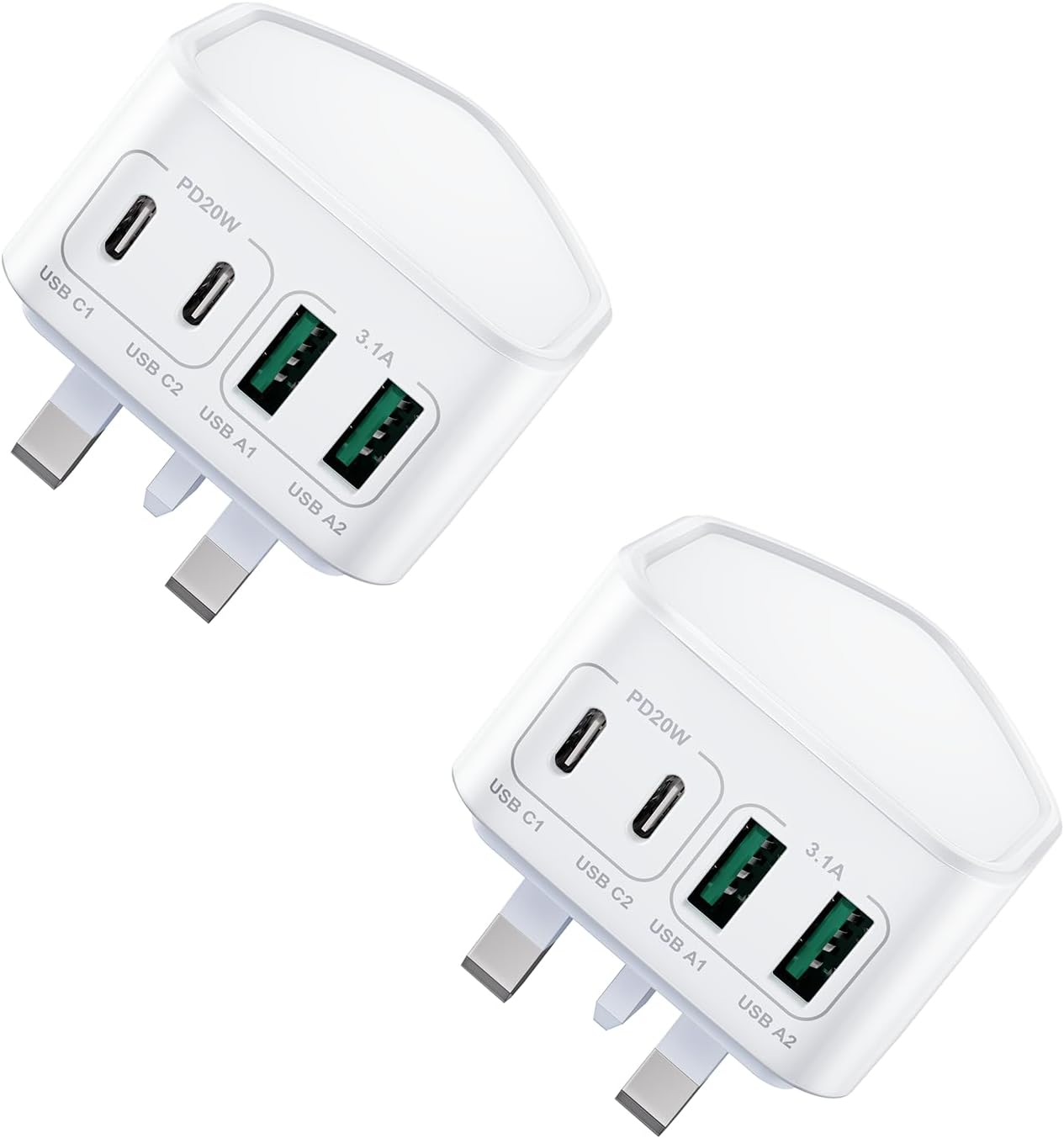 2-Pack USB C Plug, 40W 4-Port Fast Charger Plug UK Dual Type C Power Adapter + D...