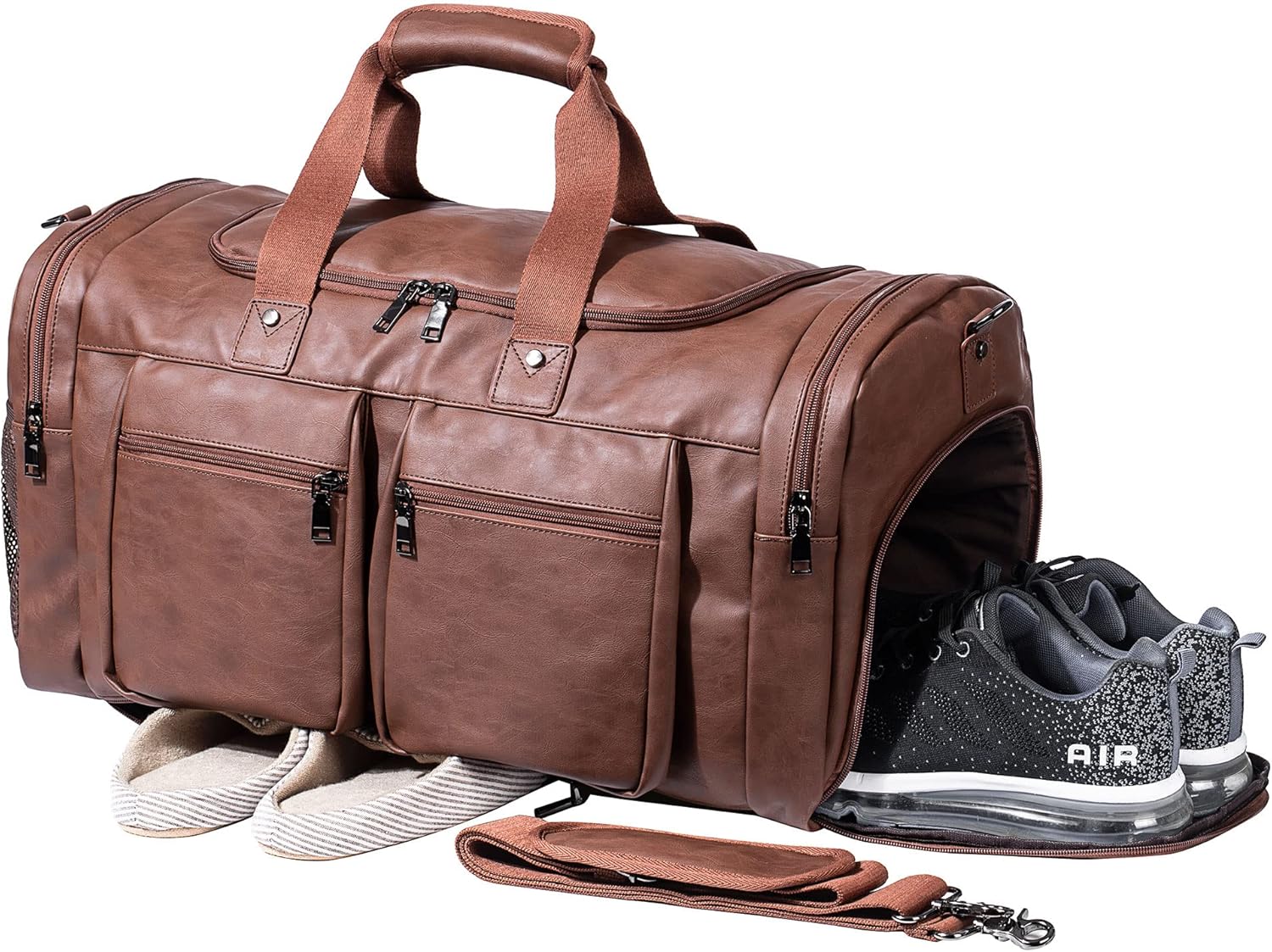 Weekender Bag with Shoe Compartment,Waterproof Leather Overnight Bag Beis Weeken...