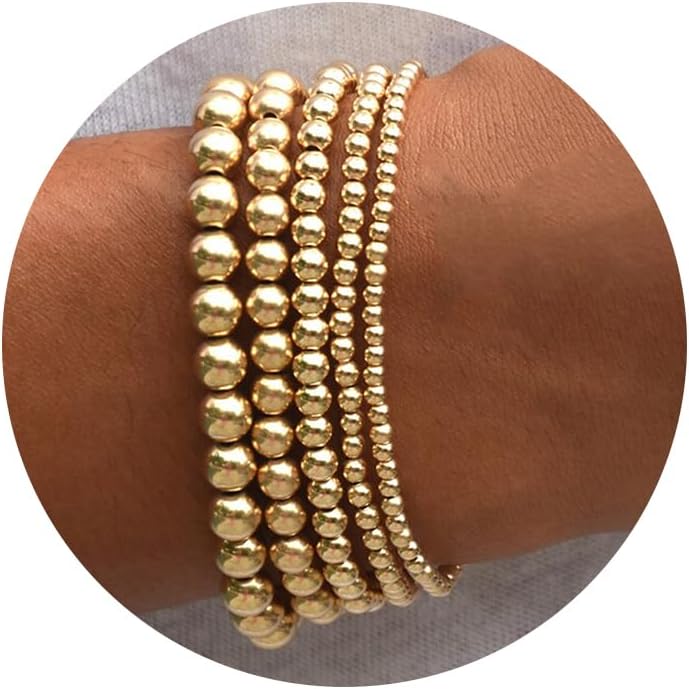 17 MILE 5 Pcs Gold Beaded Bracelet for Women, 14K Gold Plated Stackable Strand S...
