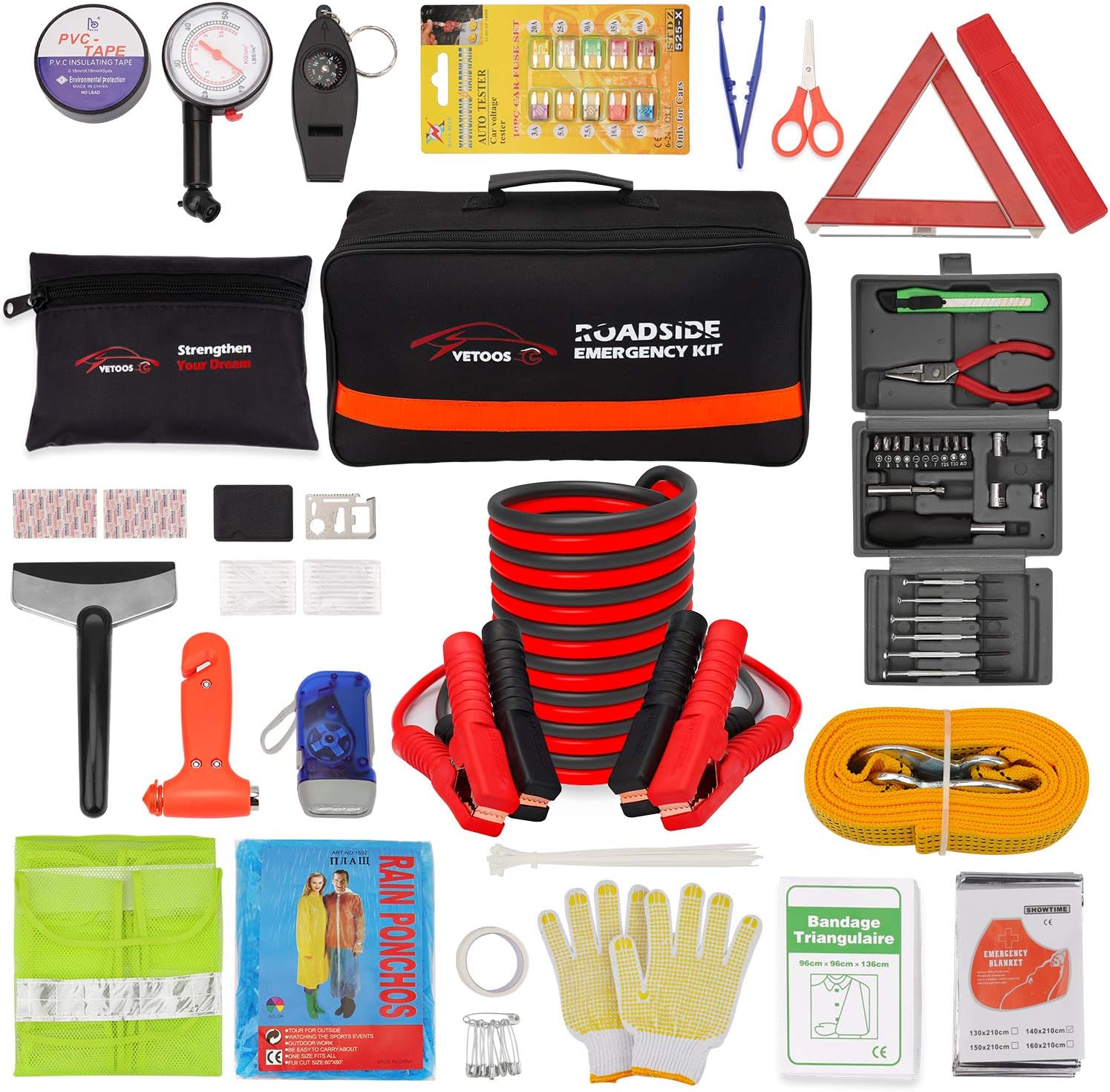 Vetoos Roadside Emergency Car Kit with Jumper Cables, Auto Vehicle Safety Road S...