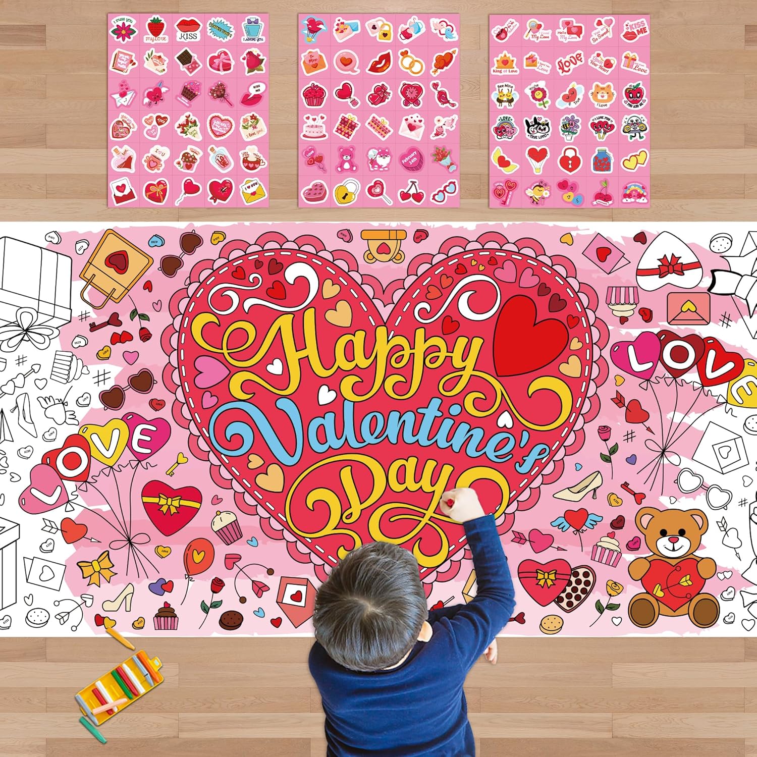 OHOME 91 PCS Valentines Stickers with Giant Coloring Poster - Valentines Day Cra...