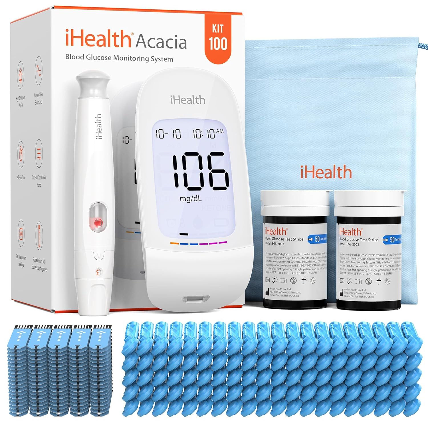 iHealth Acacia Blood Glucose Monitor Kit, 100 Glucometer Strips, 100 Lancets, 1...