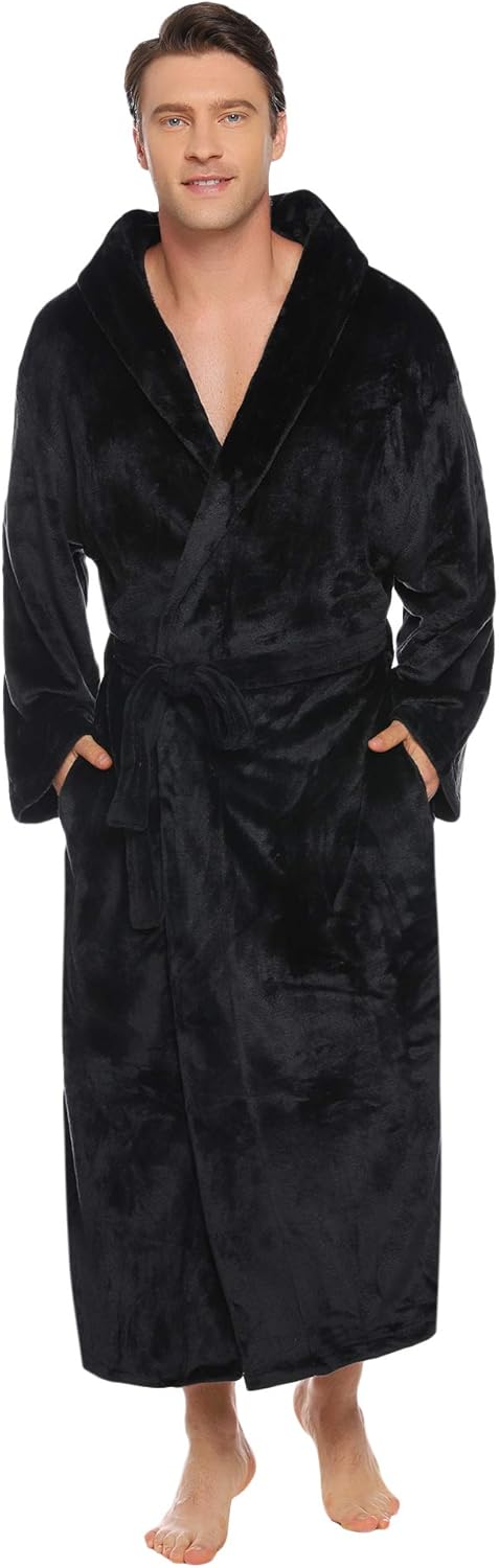 Vlazom Men Dressing Gown, Hooded Warm Robes Flannel Soft Bathrobe Fluffy Houseco...