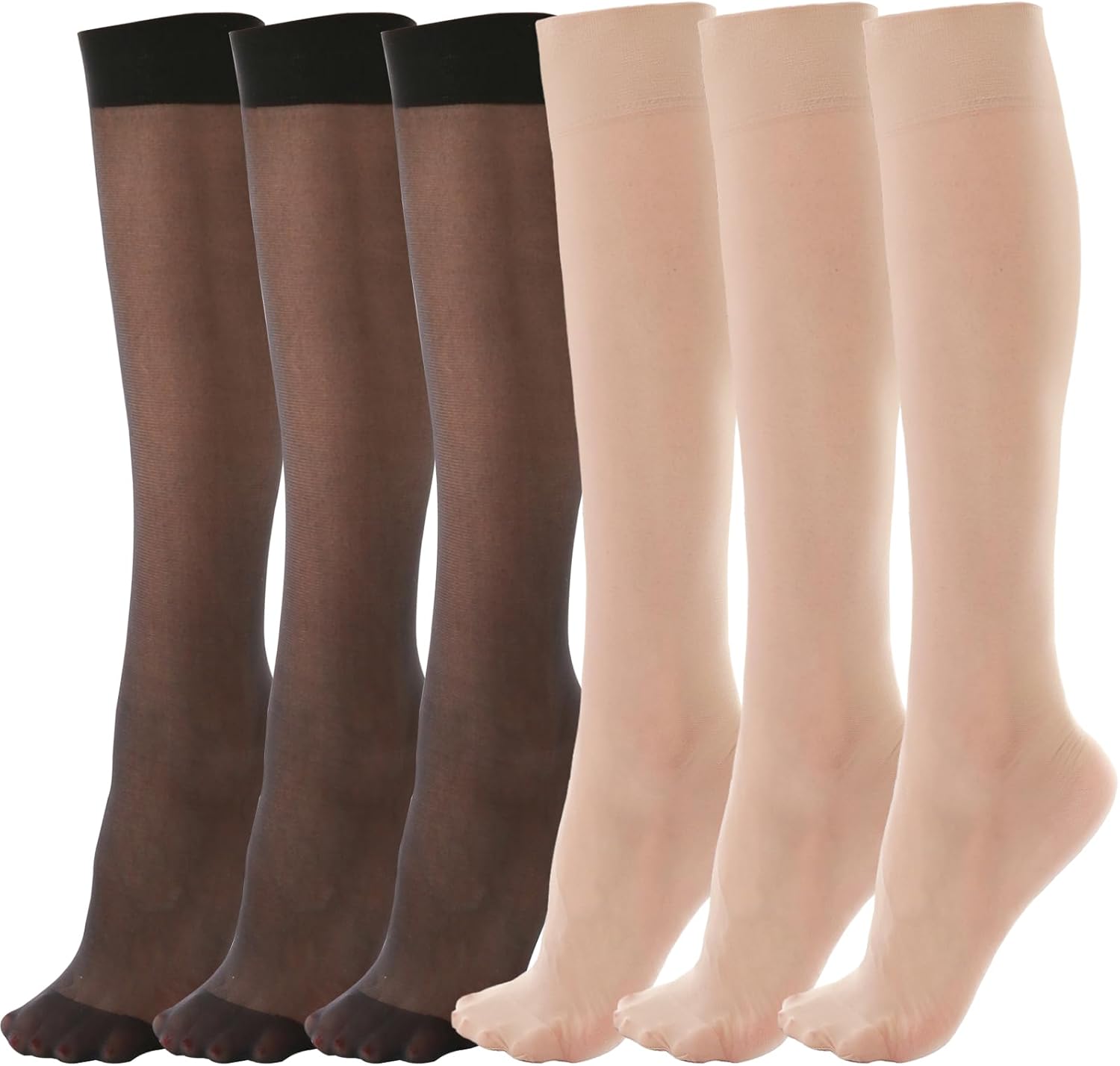 6 Pairs Knee High Stockings for Women, 20 Denier Nylon Sheer Socks with Reinforc...