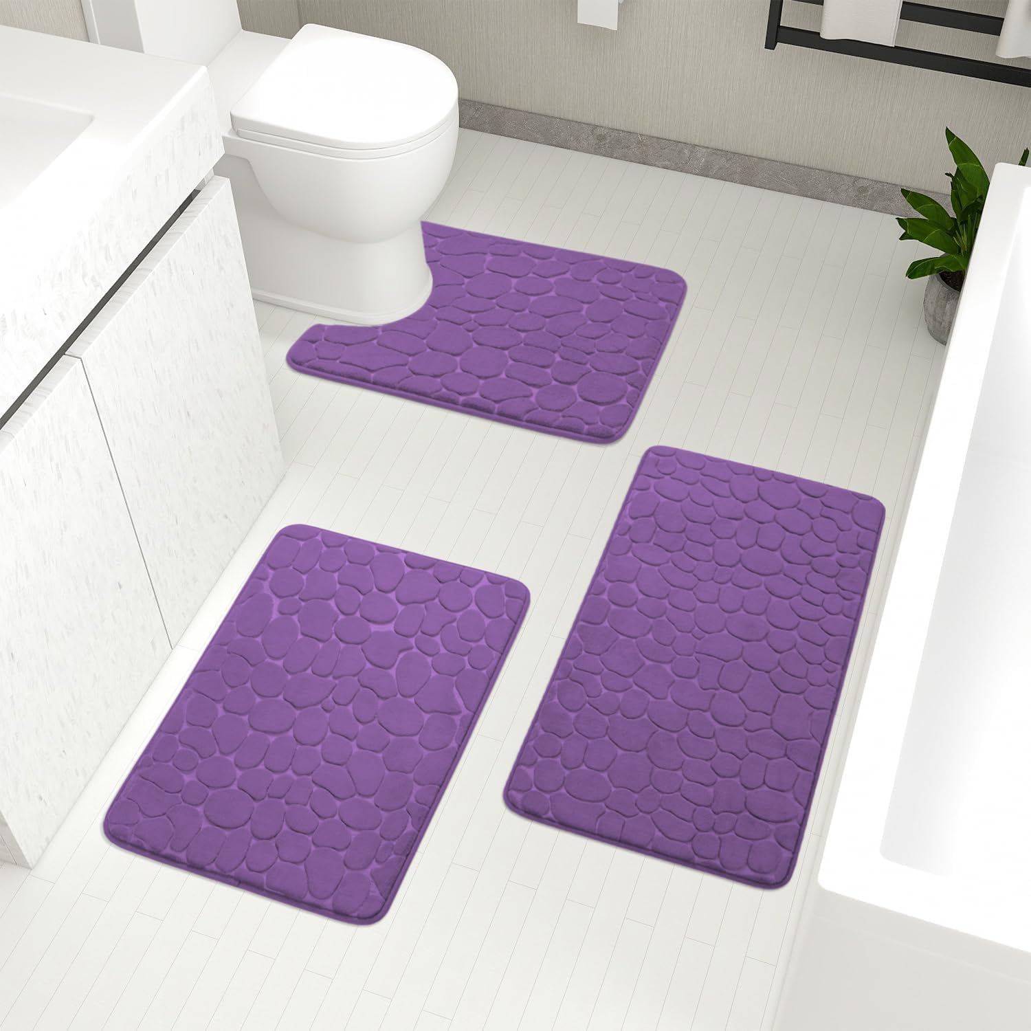 YIHOUSE Bathroom Rugs Sets 3 Piece, Cobblestone Memory Foam Bathroom Mats Set Ex...