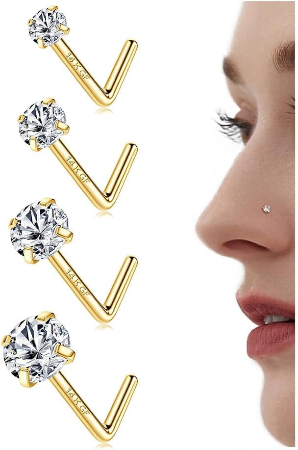 LOLIAS 14K Gold Filled Nose Studs 316L Surgical Steel Gold Nose Rings Studs 6A C...