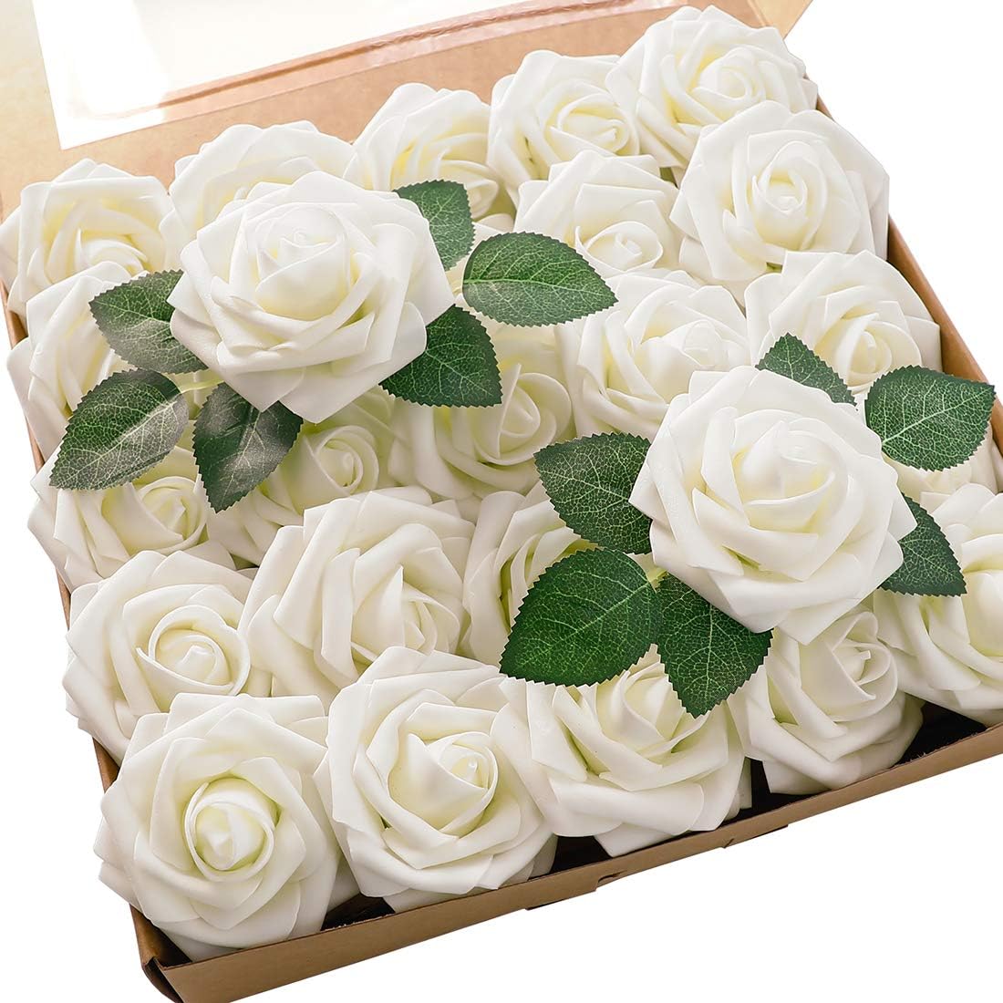 Floroom Artificial Flowers 50pcs Real Looking Ivory Foam Fake Roses with Stems f...