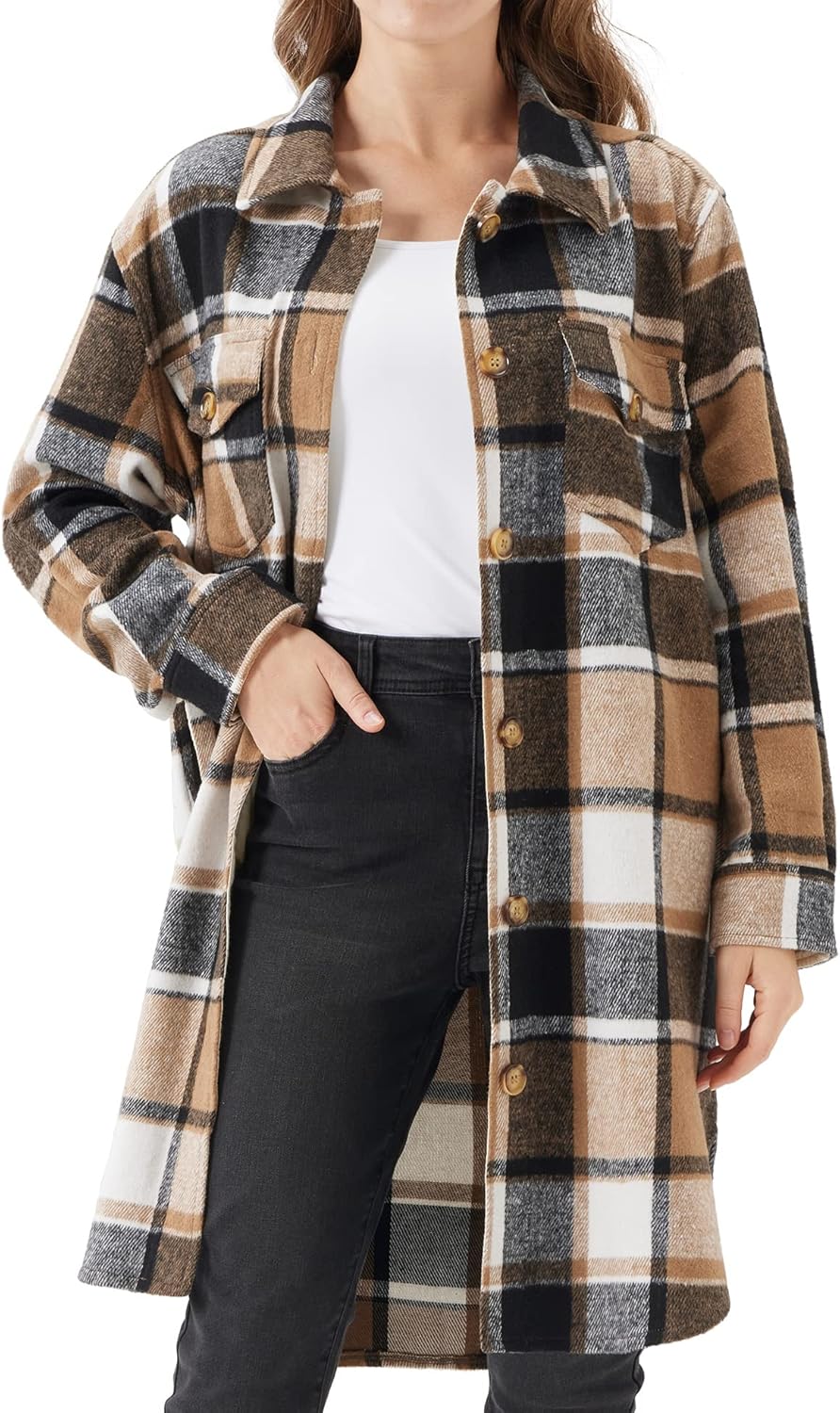 URBEST Women's Oversized Plaid Shacket - Cozy Long Sleeve Button Down Jacket wit...