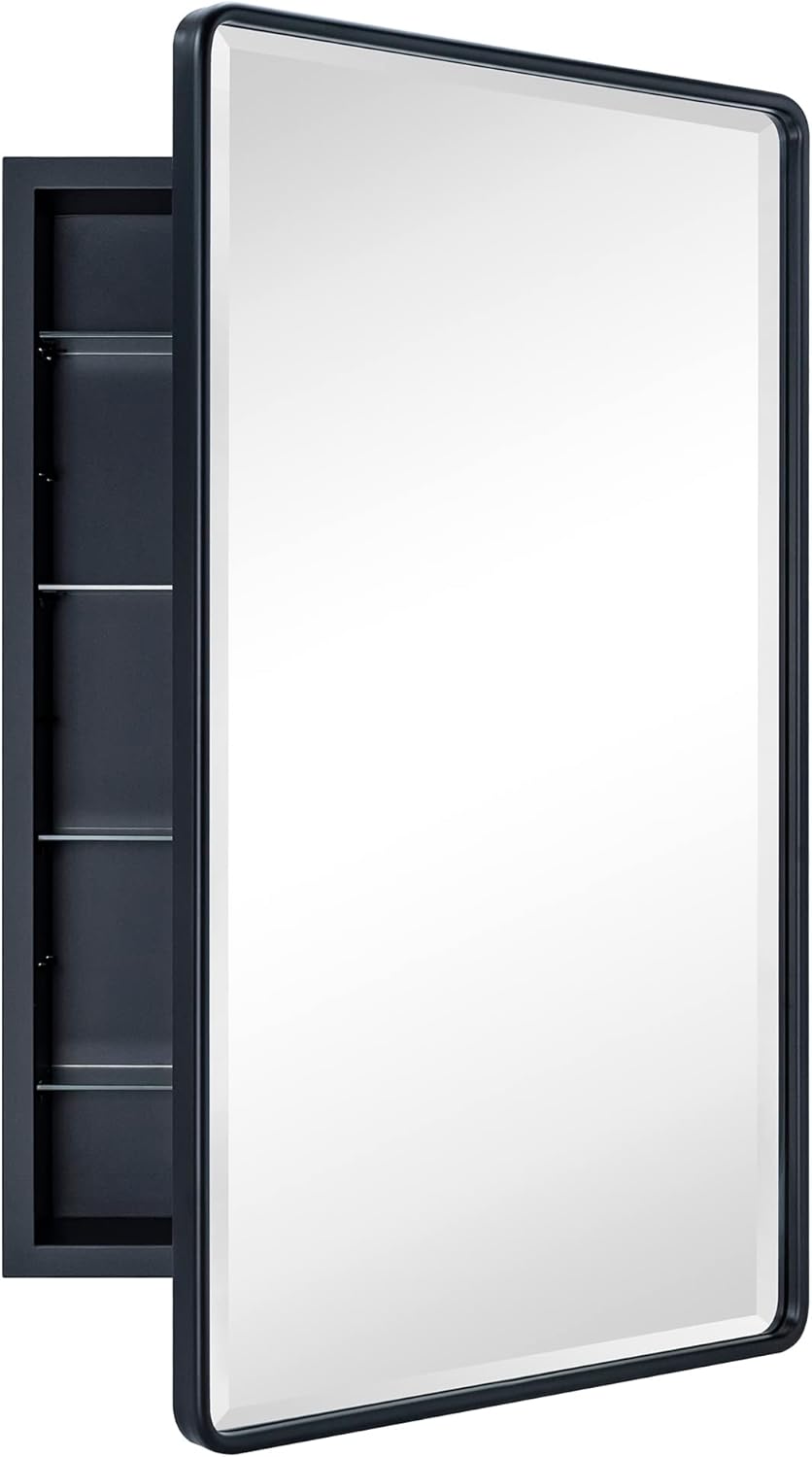 TEHOME Farmhouse Matt Black Recessed Bathroom Medicine Cabinet with Mirror Round...
